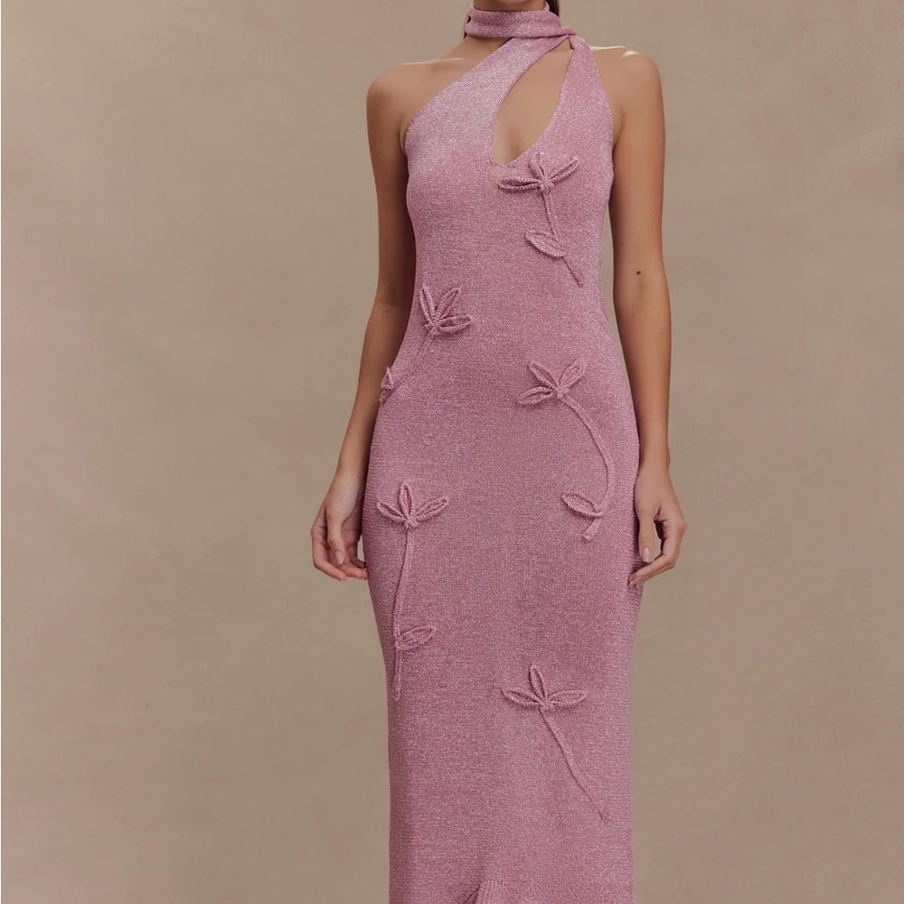 Meshki Pink High Low Dress with Floral Details